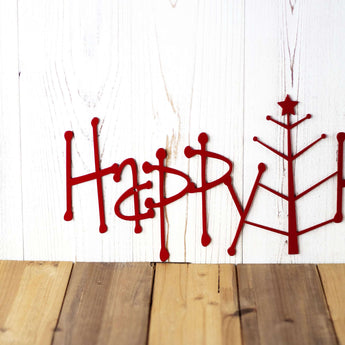 Close up of Happy text  on our Christmas metal wall art, in red gloss powder coat. 