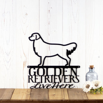 Golden Retrievers Live Here metal wall decor, in matte black powder coat.