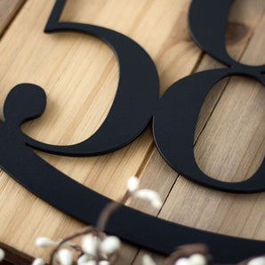 Close up of matte black powder coat on our oval metal house number sign. 