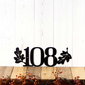 3 digit metal house number sign with oak leaves, in matte black powder coat. 