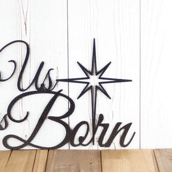 Close up of Christmas star on our Unto Us A Savior Is Born metal sign, in silver vein powder coat.