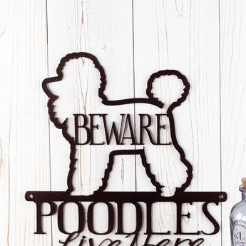 Close up of Poodle silhouette on our Poodle metal sign, in copper vein powder coat.