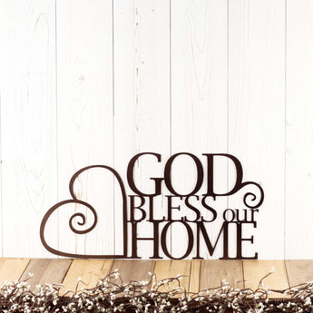 God Bless our Home metal wall decor with heart, in copper vein powder coat.