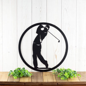 Circular golfer metal wall art in matte black powder coat.