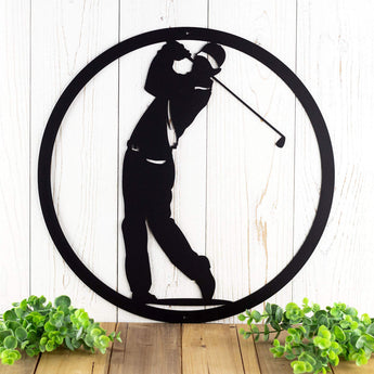 Close up of male golfer metal wall art, in matte black powder coat.