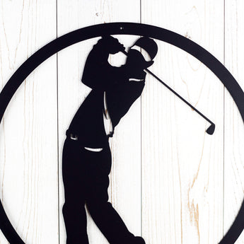 Close up of male golfer metal sign in matte black powder coat.