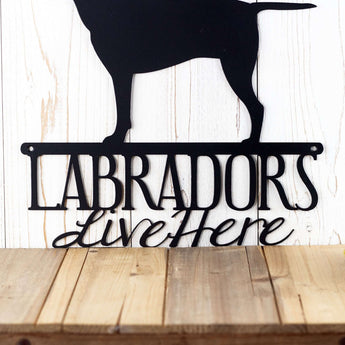 Close up of wording on our metal Labrador dog sign, in matte black powder coat. 