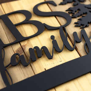 Close up of matte black on our personalized family name metal sign.