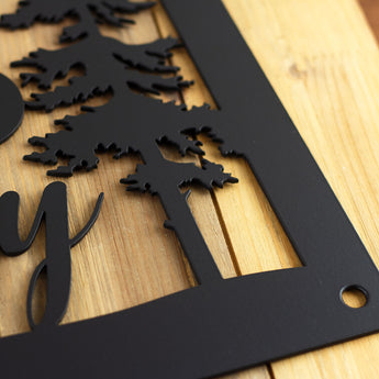 Close up of matte black on our personalized family name sign.