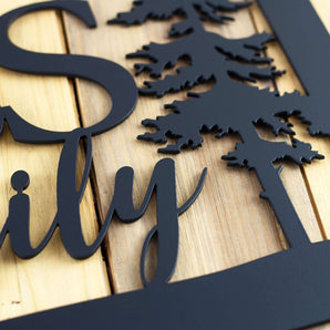 Close up of matte black powder coat on our personalized family name metal sign.