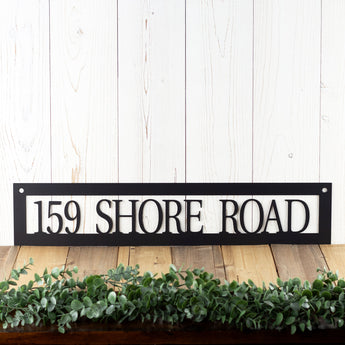 Rectangular metal address sign, in matte black powder coat.