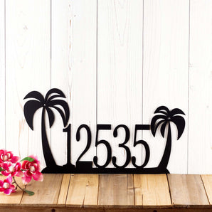 5 digit metal house number sign with palm trees, in matte black powder coat. 
