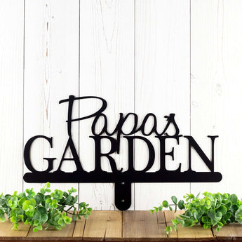 Personalized metal garden sign with first name, in matte black powder coat.