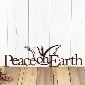 Christmas peace on earth metal wall decor with peace dove silhouette, in copper vein powder coat. 