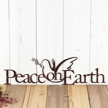 Christmas peace on earth metal wall decor with peace dove silhouette, in copper vein powder coat. 