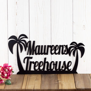 Custom name metal sign with palm trees, in matte black powder coat. 