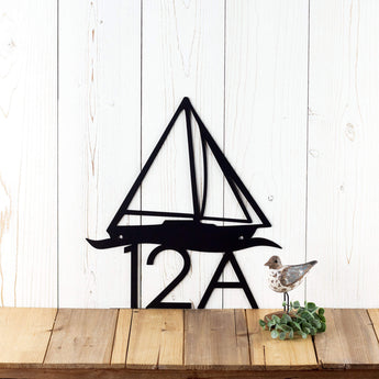 3 digit metal house number plaque with sailboat silhouette, in matte black powder coat.