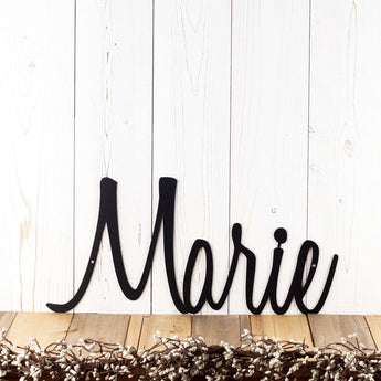Personalized name metal plaque with script lettering, in matte black powder coat.