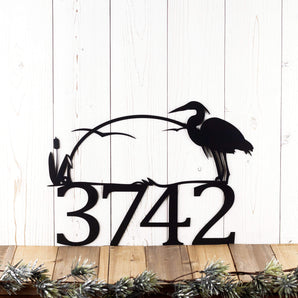 4 digit metal house number sign with heron and cattails, in matte black powder coat. 