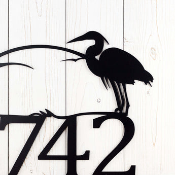 Close up of Great Blue Heron on our metal house number sign, in matte black powder coat.
