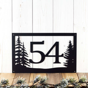 Rectangular 2 digit metal house number sign with pine trees, in matte black powder coat. 