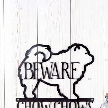 Close up of Chow Chow dog silhouette, with Beware, on our metal sign, in raw steel.