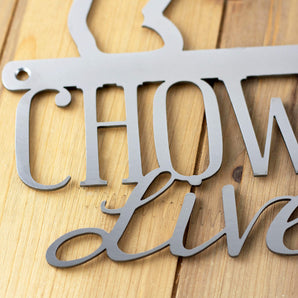 Close up of raw steel on our Chow Chow Lives Here metal sign. 