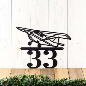 2 digit metal house number sign with airplane, in matte black powder coat. 