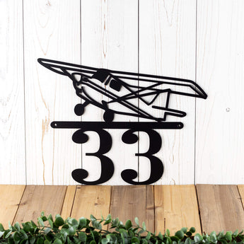 2 digit metal house number sign with airplane, in matte black powder coat. 