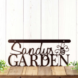 Personalized garden sign with first name and bumble bee, in copper vein powder coat.