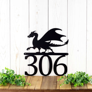 3 digit metal house number sign with a dragon silhouette, in matte black powder coat. 