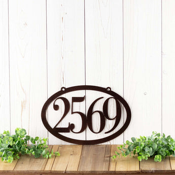 Horizontal oval 4 digit metal house number sign, in copper vein powder coat. 
