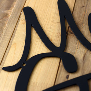 Close up of matte black powder coat on our Make Good Choices metal sign.