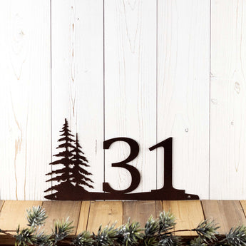 2 digit metal house number sign with pine trees, in copper vein powder coat. 