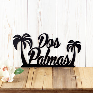 Custom metal name plaque with palm trees, in matte black powder coat.