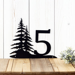 1 digit pine tree metal house number sign, in matte black powder coat.