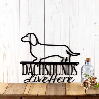 Dachshunds Live Here metal sign, in matte black powder coat.