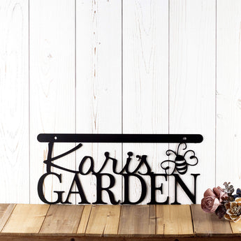 Personalized garden sign with first name and bumble bee, in matte black powder coat.