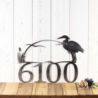 4 digit metal house number sign with heron and cattails, in raw steel. 