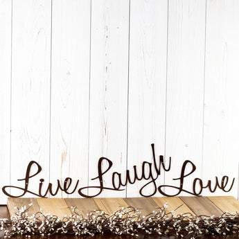 Live Laugh Love cursive word metal wall decor, in copper vein powder coat. 