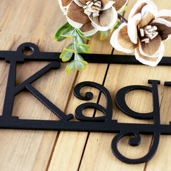 Close up of matte black powder coat on our metal child name sign. 