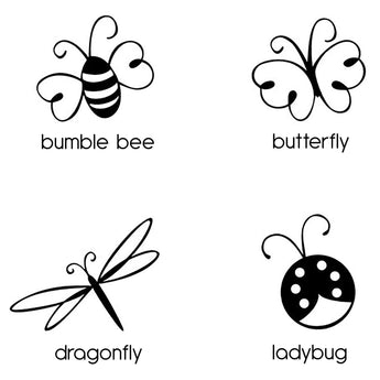 Examples of a bumble bee, butterfly, dragonfly, and ladybug images.