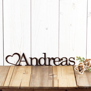 Metal name sign with heart, in copper vein powder coat.