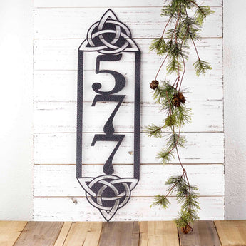 Metal 3 digit vertical house number sign with Celtic knots, in silver vein powder coat. 