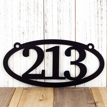 3 digit oval metal house number sign, in matte black powder coat.
