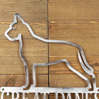 Close up of Great Dane dog silhouette on our Great Dane metal wall art, in raw steel.