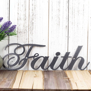 Faith metal wall art with script lettering, in silver vein powder coat.