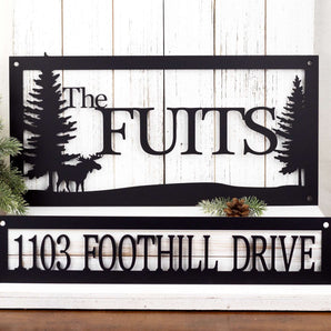 Personalized rectangular family name and address metal signs with a moose silhouette, in matte black powder coat. 