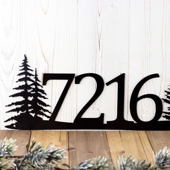 4 digit metal house number plaque with pine trees, in matte black powder coat.