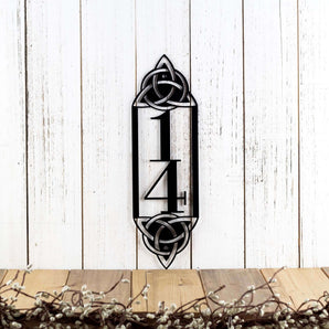 Metal 2 digit vertical house number sign with Celtic knots, in matte black powder coat.